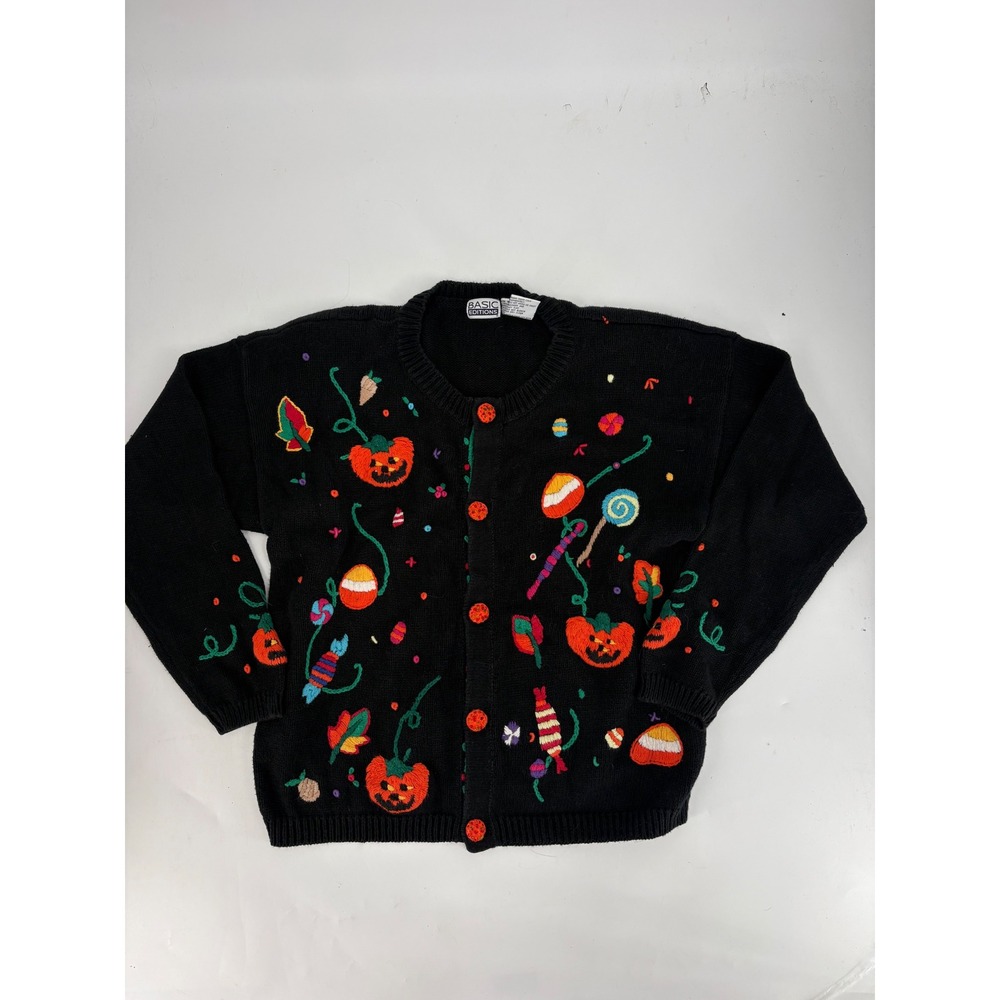 Basic Editions Vintage Halloween Cardigan Sweater Black Embroidered Pumpkin M